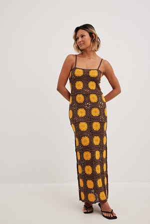 Brown Multi Crochet Knitted Thin Strap Maxi Dress