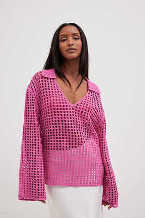 Pink Crochet Knitted V-Neck Sweater