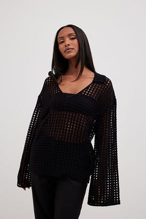 Black Crochet Knitted V-Neck Sweater