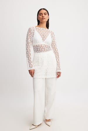 White Crochet Wide Sleeve Mini Dress