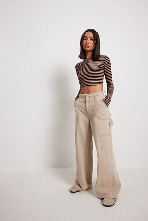 Brown Stripe Cropped Long Sleeved Striped Top