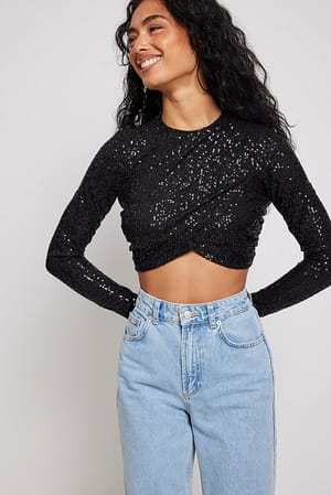 Black Cropped Pleated Sequin Top