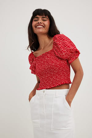 Red White Floral Cropped Puff Sleeve Smocked Top