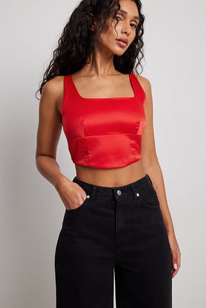 Red Cropped Round Neck Satin Top