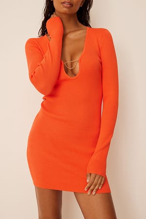 Orange Deep Neckdrop Knitted Mini Dress