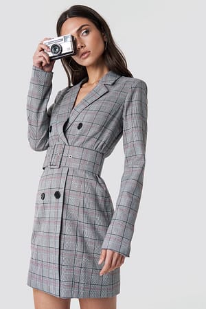 Checked Checked Belted Blazer Dress