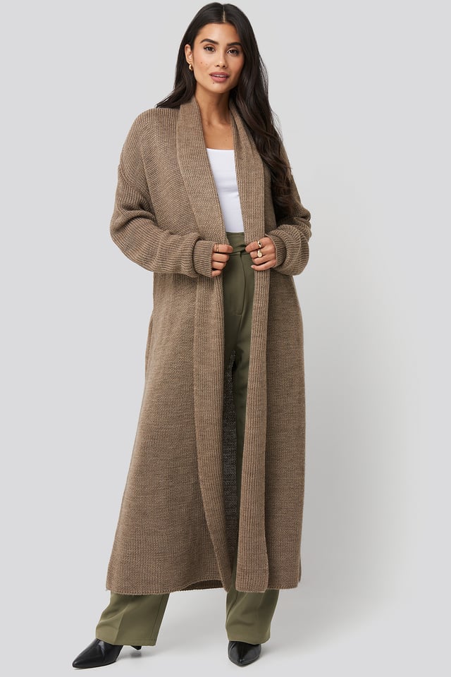 Tie Waist Oversized Knitted Cardigan Almond