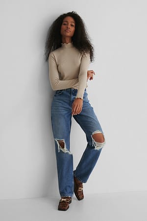 Mid Blue NA-KD Trend Distressed Straight Fit Jeans