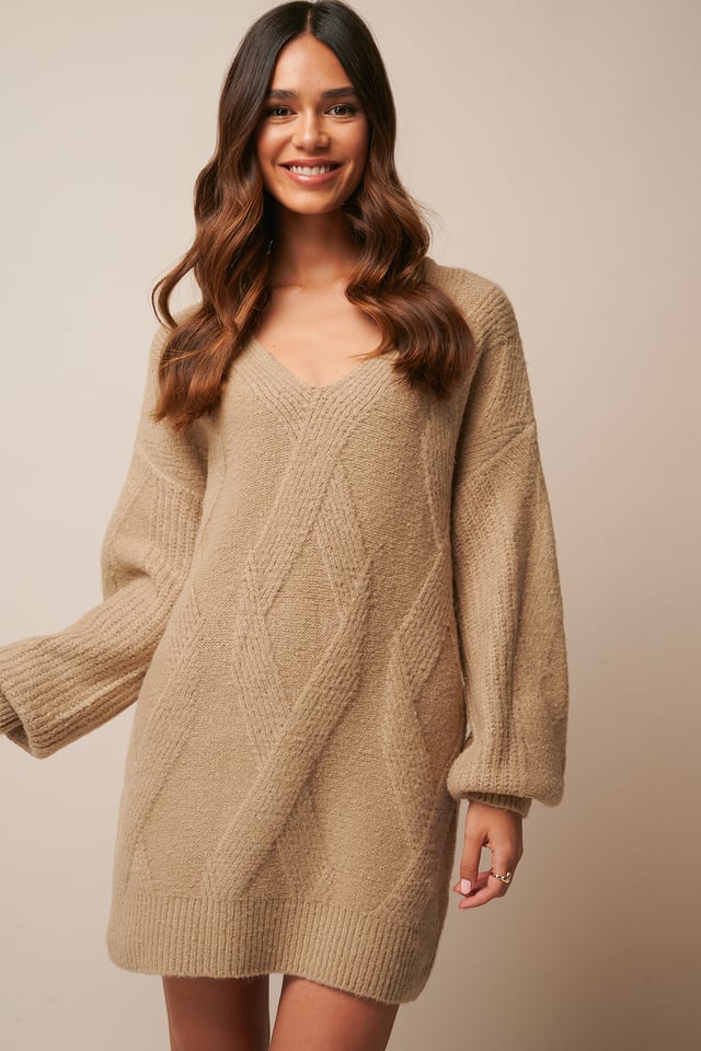Braided Cable Knitted Dress Beige