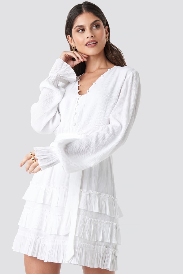 Front Button Frill Dress White