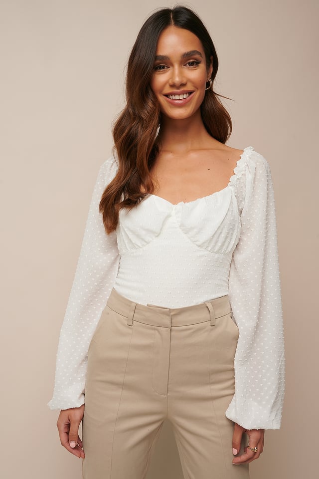 Balloon Sleeve Dotted Chiffon Blouse White
