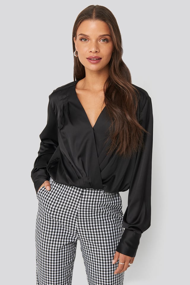 Overlap Gathered Satin Blouse Black