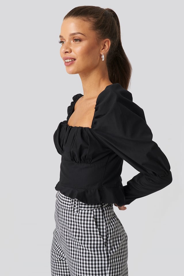 Puffy Sleeve Ruffle Cup Blouse Black