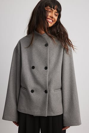 Grey Double Breasted Wool Blend Short Jacket