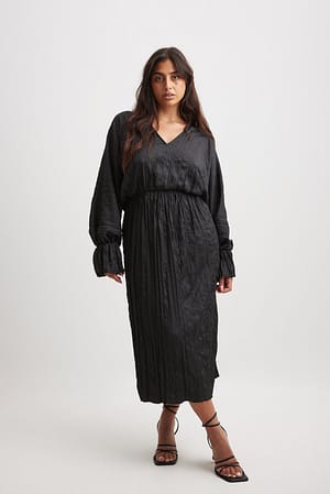 Black Gedrapeerde gestructureerde midi-jurk