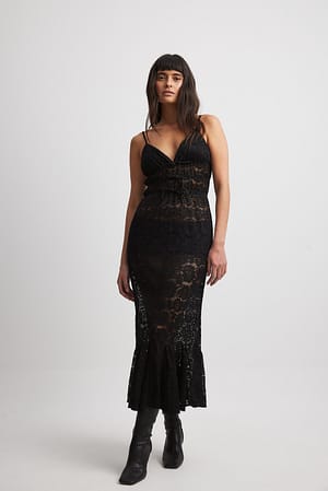 Black Draped Lace Midi Dress