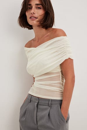 Offwhite Draped Mesh Off Shoulder Top