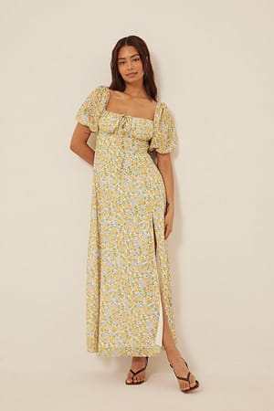 White/Yellow Flower Recycled Drawstring Chest Maxi Dress