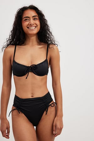 Black Drawstring Detail High Cut Bikini Panty