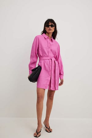 Pink Drawstring Linen Mini Dress