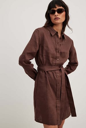 Brown Drawstring Linen Mini Dress