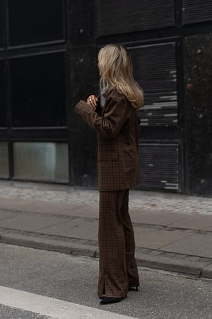 Brown Check Front Slit Checked Trousers