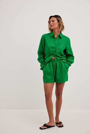Dark Green Elastic Linen Shorts