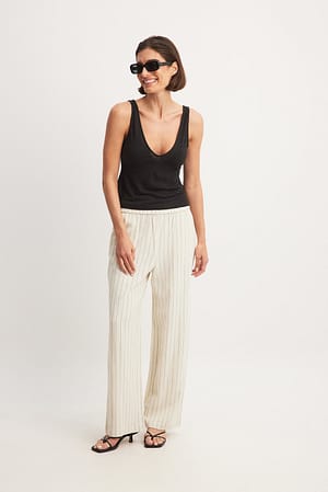 Beige/Black Stripe Pantaloni a vita media con elastico in misto lino