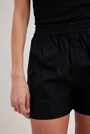 Black Elastic Waist Cotton Shorts