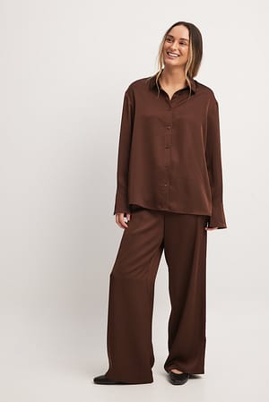Brown Satynowe spodnie z elastyczną talią i średnim stanem