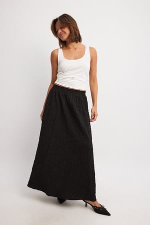 Black Elastic Waist Structured Midi Skirt