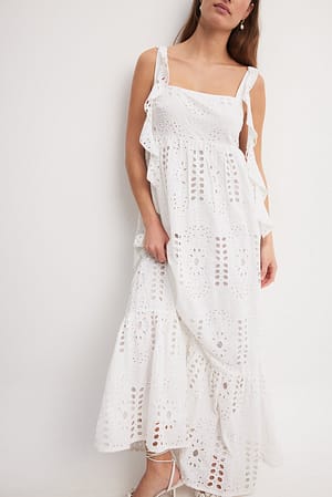 White Geborduurde Anglaise maxi-jurk met ruches op de schouder