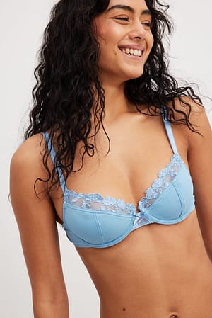 Blue Embroidery Detailed Bra