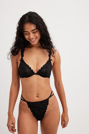 Black Embroidery Strappy Detail T-String