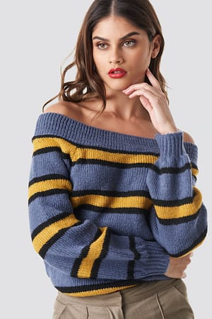 Yellow Kolorowy Sweter W Kratkę Z Bufiastymi Rękawami