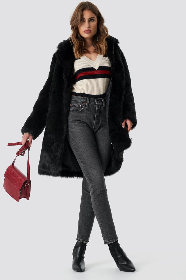Faux Fur Collar Long Jacket Black
