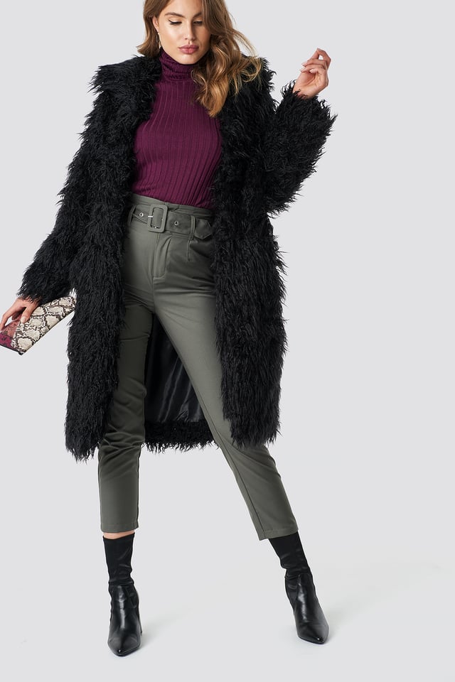 Faux Fur Long Jacket Black