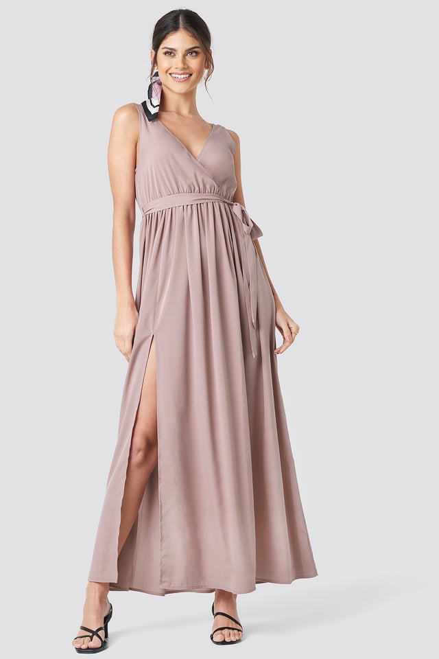Tie Waist Slit Maxi Dress Dusty Pink