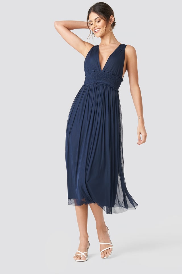 V-neck Tulle Midi Dress Dark Blue