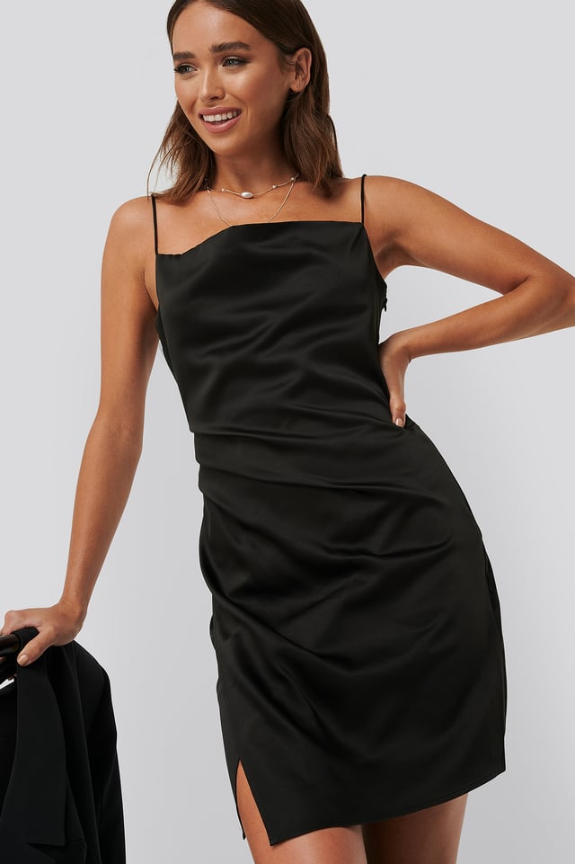 Draped Satin Dress Black