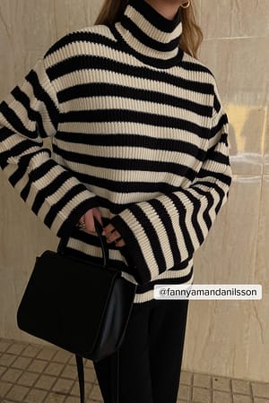 Beige/Black Stripe Ribbed Knitted Striped Polo Sweater