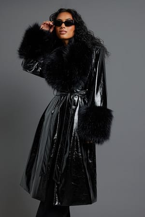 Black Faux Fur Collar Coat