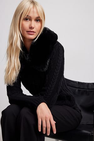 Black Faux Fur Detail Cable Knitted Cardigan