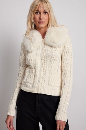 Gardenia Faux Fur Detail Cable Knitted Cardigan