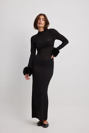 Black Faux Fur Detail Maxi Dress