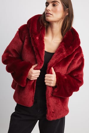 Faux Fur Hooded Jacket Red | NA-KD