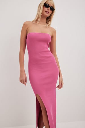 Pink Fijngebreide tube-jurk met hoge split