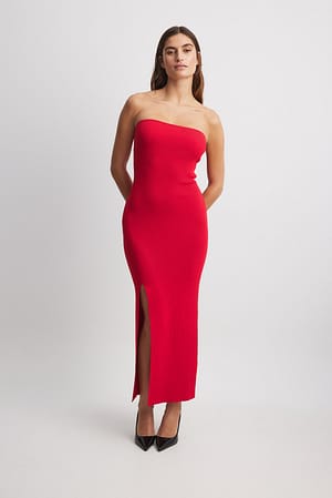 Red Fine Knitted High Slit Tube Dress