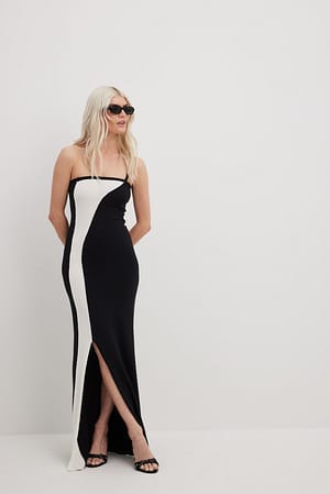 Black/White Fine Knitted One Shoulder Maxi Dress