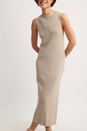 Beige Fine Knitted Sleeveless Midi Dress